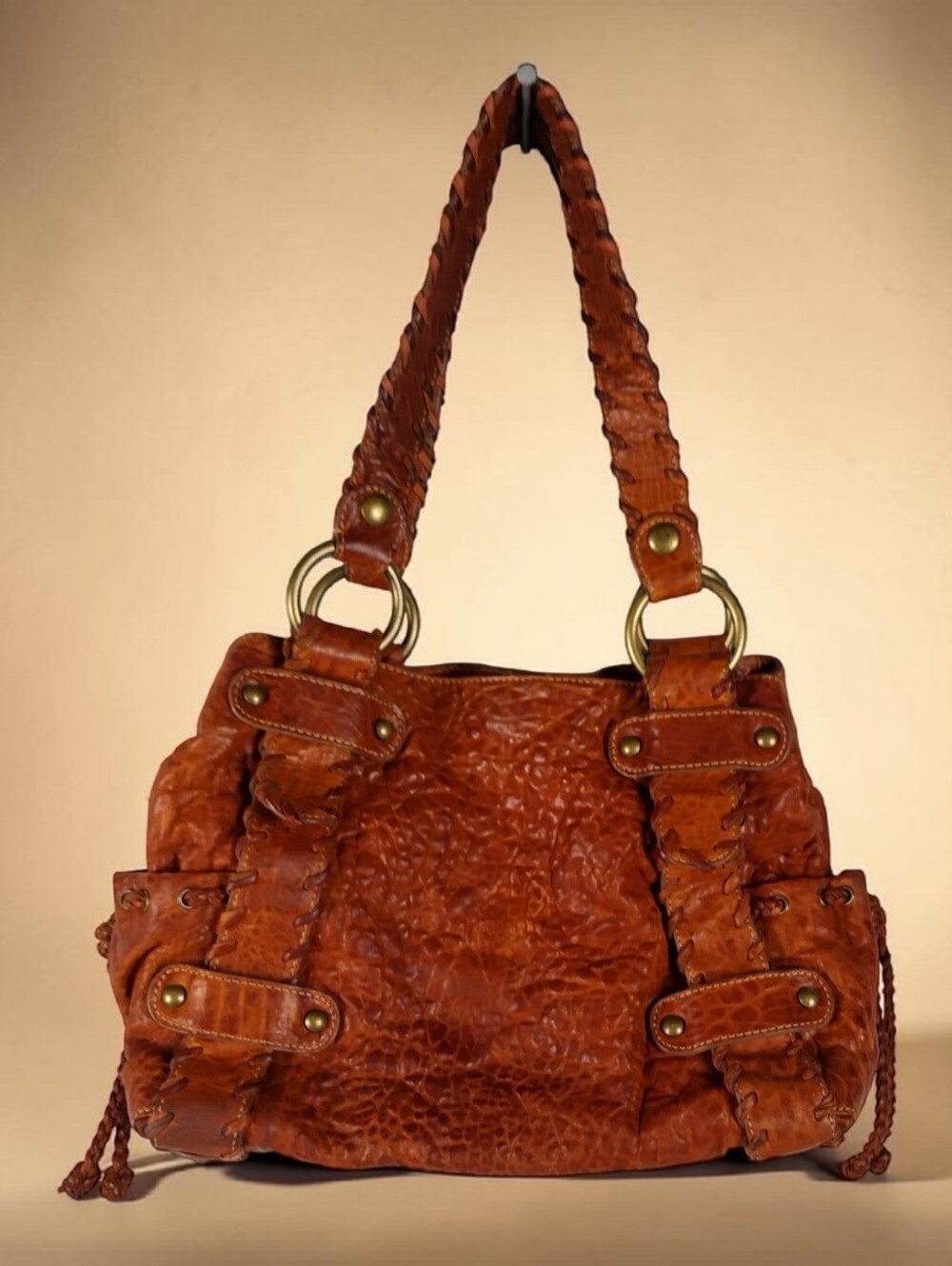 Kooba Brown Leather Women's Hand  Bag Woven Braided Strap Snap Button Harware